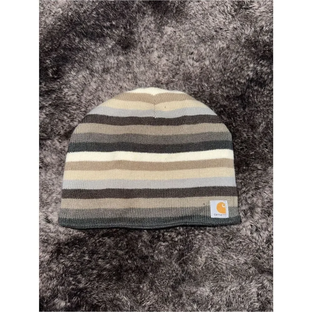 Carhartt Youth Blue Tan Striped Fleece Lined Beanie Hat OS Skater Streetwear